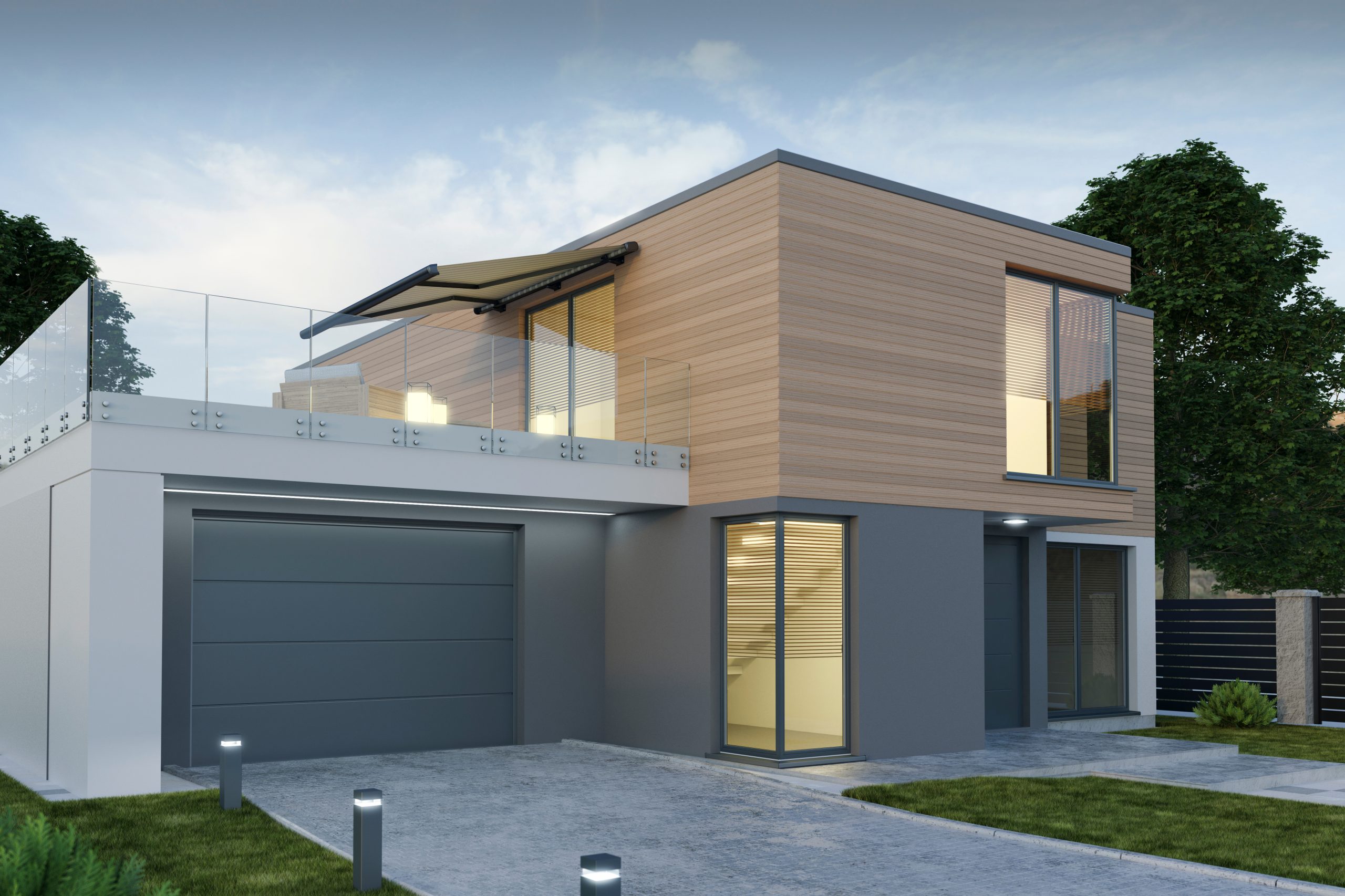 Modern,House,With,Garage,,3d,Illustration